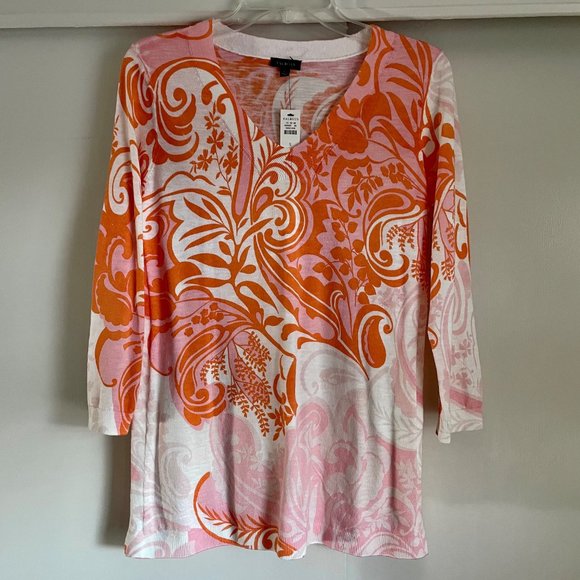 NWT Talbots Pink/Orange Paisley V Neck  3/4 Sleeve Pullover Cotton Sweater Top S - Picture 8 of 8
